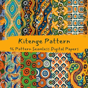 Könnte beinhalten: Ein Set mit 16 digitalen Papieren mit lebendigen, farbenfrohen und geometrischen Mustern, inspiriert von Kitenge-Stoff. Die Muster umfassen Kreise, Quadrate und abstrakte Designs in Orange-, Blau-, Grün- und Gelbtönen.