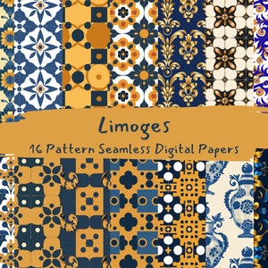 May include: A set of 16 digital paper patterns featuring a variety of geometric and floral designs in blue, gold, and white. The patterns are inspired by traditional Limoges porcelain.
