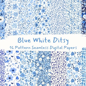 Blue White Ditsy Pattern Seamless Digital Papers - printable scrapbook paper png instant download commercial use 300dpi