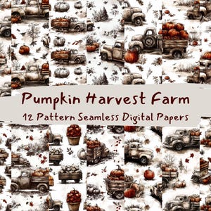 Könnte beinhalten: Digitales Papier-Set mit einem sich wiederholenden Muster aus Oldtimern, die mit Kürbissen beladen sind. Das Design umfasst Kürbisse, Blätter und Bäume in Orange-, Braun- und Grautönen. Der Text "Pumpkin Harvest Farm" und "12 Pattern Seamless Digital Papers" ist ebenfalls sichtbar.