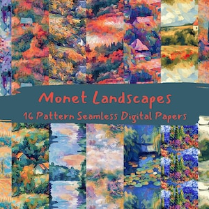 May include: A digital paper pack featuring 16 seamless patterns inspired by the artwork of Claude Monet. The patterns depict various landscapes, including water lilies, fields, and houses, in a vibrant and impressionistic style. The text "Monet Landscapes" and "16 Pattern Seamless Digital Papers" is displayed on a blue background.