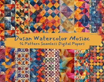 Dusan Watercolor Mosiac Pattern Seamless Digital Papers - printable scrapbook paper instant download, commercial use, 300dpi
