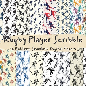 Rugby Player Scribble Pattern Seamless Digital Papers - printable scrapbook paper instant download for commercial use, 300dpi