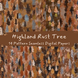 May include: A digital paper pack with 14 seamless patterns featuring a rust-colored tree design. The patterns are in various shades of brown, orange, and blue.