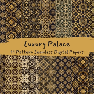Könnte beinhalten: Ein digitales Papierpaket mit 11 nahtlosen Mustern mit filigranen Designs in Gold und Schwarz. Die Muster sind von einem Luxuspalast inspiriert und eignen sich perfekt für die Erstellung von Einladungen, Karten und anderen Projekten.