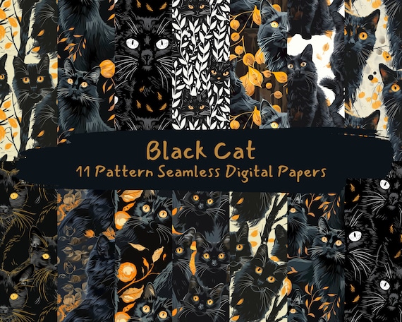 Black Cat Pattern Seamless Digital Papers - printable scrapbook paper instant download, commercial use, 300dpi