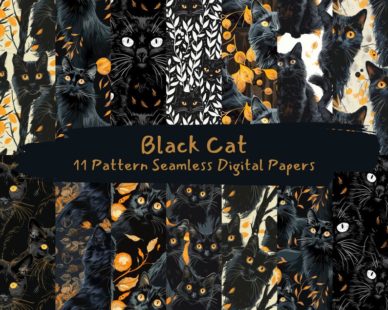 Black Cat Pattern Seamless Digital Papers - printable scrapbook paper instant download, commercial use, 300dpi image 1