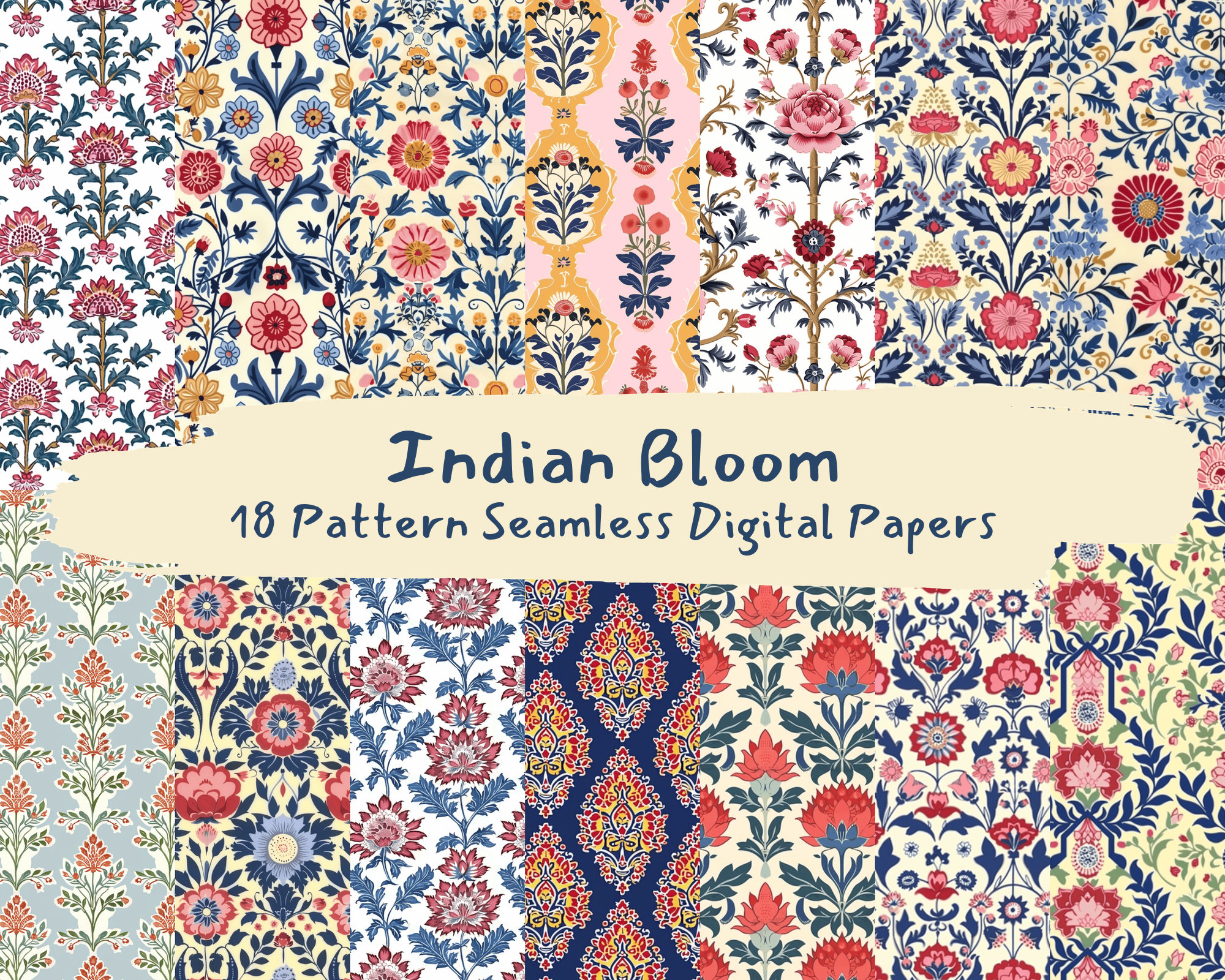 Indian Bloom Pattern Seamless Digital Papers - printable scrapbook paper png instant download commercial use 300dpi