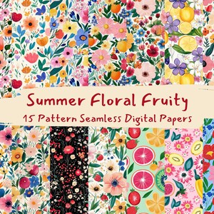 May include: A set of 15 digital papers featuring colorful floral and fruity patterns. The patterns are seamless and can be used for a variety of projects, such as scrapbooking, card making, and digital design.