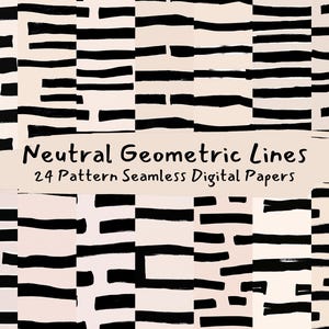 May include: A set of 24 digital papers featuring seamless patterns of black and white geometric lines. The patterns are abstract and modern, with a neutral color palette. The text "Neutral Geometric Lines" and "24 Pattern Seamless Digital Papers" is included in the image.