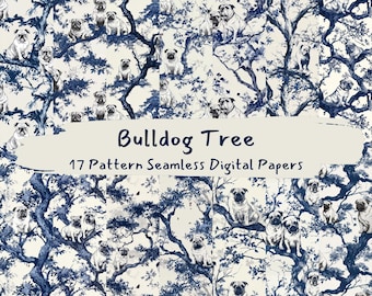 Bulldog Tree Pattern Seamless Digital Papers - printable scrapbook paper png instant download commercial use 300dpi
