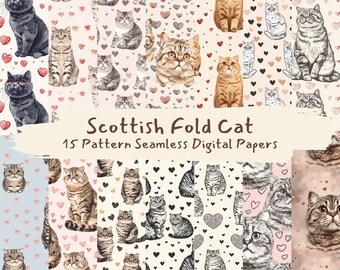 Scottish Fold Cat Pattern Seamless Digital Papers - printable scrapbook paper instant download, commercial use, 300dpi