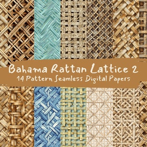 May include: A digital paper pack with 14 seamless patterns featuring various woven rattan textures in shades of brown, beige, and blue. The patterns are ideal for crafting projects, scrapbooking, and digital design.