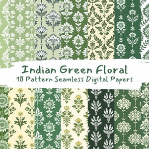 Documenti digitali senza giunte con motivo floreale verde indiano - download immediato di carta scrapbook stampabile, uso commerciale, 300dpi