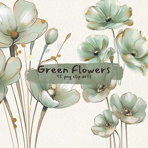 Green Flowers printable clipart, png format, transparent background, instant download, commercial use, 300dpi