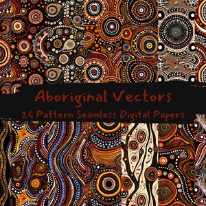 Könnte beinhalten: Ein Set mit 26 digitalen Papieren mit Mustern der Aborigine-Kunst. Die Muster sind eine Mischung aus Kreisen, Punkten und Linien in Braun-, Orange-, Rot-, Weiß- und Schwarztönen.