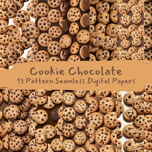 May include: A digital paper pack with 13 seamless patterns featuring chocolate chip cookies. The patterns are in various shades of brown and feature a close-up view of the cookies.