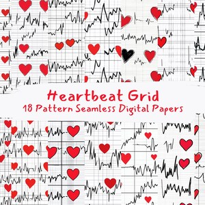 May include: A digital paper pack with 18 seamless patterns featuring red hearts and black EKG lines on a white grid background. The text "Heartbeat Grid" and "18 Pattern Seamless Digital Papers" is included in the image.