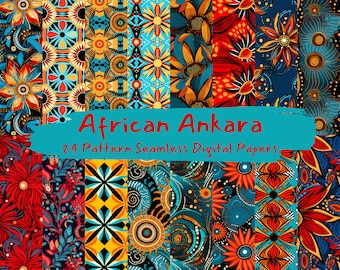 May include: 24 digital papers featuring vibrant African Ankara patterns. The patterns are a mix of geometric shapes, floral designs, and abstract motifs in shades of red, orange, yellow, blue, and black.