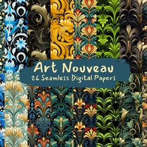 May include: A set of 26 digital papers featuring Art Nouveau style patterns. The patterns are intricate and colourful, with floral motifs and geometric shapes. The papers are perfect for creating invitations, cards, scrapbook pages, and other craft projects.