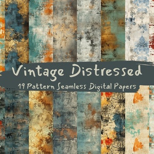 May include: A set of 19 digital paper patterns featuring vintage distressed textures in various shades of blue, brown, orange, and white. The patterns are seamless and can be used for scrapbooking, card making, and other craft projects.
