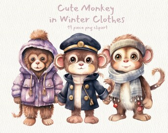 Cute Monkey Winter Clothes, digital printable clip art graphics in PNG format transparent instant download for commercial use, Cartoon