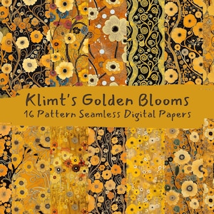 Klimt&#39;s Golden Blooms Pattern Seamless Digital Papers - printable scrapbook paper png instant download commercial use 300dpi