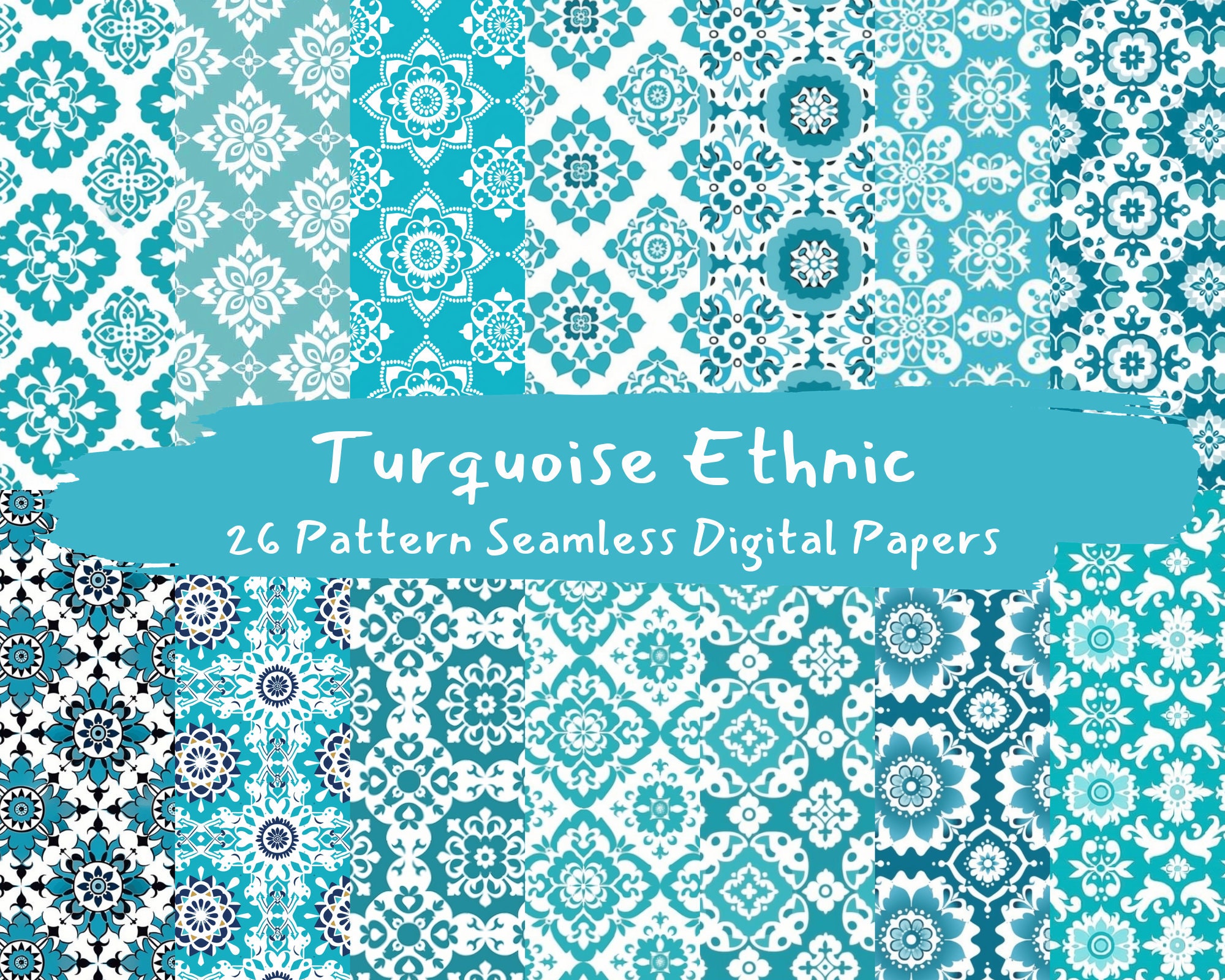 Turquoise Border Paper Turquoise Ethnic Pattern Seamless Digital Papers - Printable Scrapbook ...