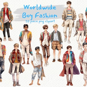 Puede incluir: Una ilustración digital de 20 niños con diferentes estilos de ropa de todo el mundo. La ilustración se titula "Worldwide Boy Fashion 20 piece png clipart".
