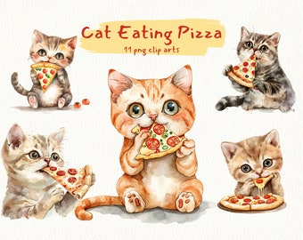 Katze isst Pizza digital druckbare Clip Art Grafiken im PNG Format transparenter Sofort-Download für kommerzielle Nutzung