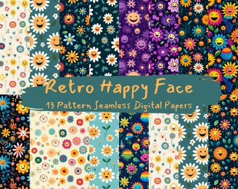 Retro Happy Face Pattern Seamless Digital Papers - tile patterns printable scrapbook paper instant download for commercial use, 300dpi