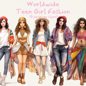 Teen Girl Fashion Worldwide, bundle di clipart digitali in formato PNG con sfondo trasparente, download immediato per uso commerciale