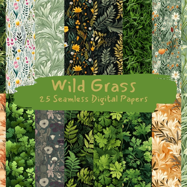 Wild Grass Seamless Digital Papers - tile patterns printable scrapbook paper instant download for commercial use, 300dpi