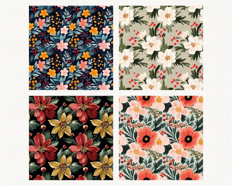 Painted Christmas Floral Pattern Seamless Digital Papers - Printable ...