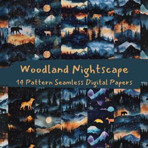 Woodland Nightscape Pattern Seamless Digital Papers - printable scrapbook paper png instant download commercial use 300dpi