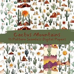 Cactus Mountains Pattern Seamless Digital Papers - printable scrapbook paper png instant download commercial use 300dpi