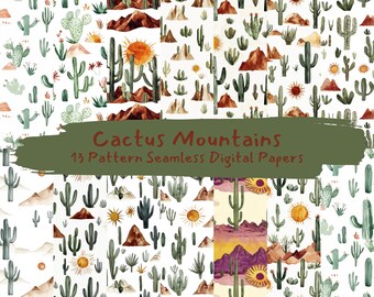 May include: A set of 13 digital papers featuring seamless patterns of watercolor cactus, mountains, and sun designs. The patterns are in shades of green, brown, and yellow on a white background. "Cactus Mountains 13 Pattern Seamless Digital Papers" is written in the center of the image.