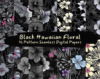 Black Hawaiian Floral Pattern Seamless Digital Papers - printable scrapbook paper png instant download commercial use 300dpi