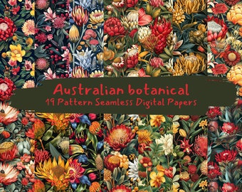 May include: A set of 19 digital paper patterns featuring vibrant floral designs inspired by Australian botanicals. The patterns showcase a variety of colorful flowers, including red, yellow, and blue, against a dark green background.