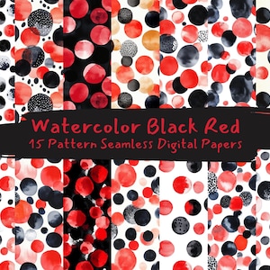 Watercolor Black Red Pattern Seamless Digital Papers - printable scrapbook paper png instant download commercial use 300dpi