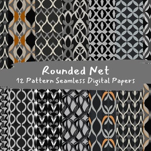 May include: Twelve seamless digital paper patterns featuring a rounded net design in black, gray, and white. The patterns are arranged in a grid with the text "Rounded Net 12 Pattern Seamless Digital Papers" at the top.