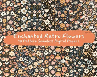 Enchanted Retro Flowers Pattern Seamless Digital Papers - printable scrapbook paper instant download, commercial use, 300dpi