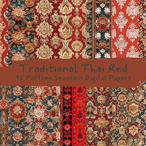 Può includere: Un set di 15 carte digitali con motivi rossi tradizionali thailandesi. I motivi sono intricati e dettagliati, con motivi floreali e disegni geometrici. Le carte sono perfette per lo scrapbooking, la creazione di biglietti e altri progetti di artigianato.