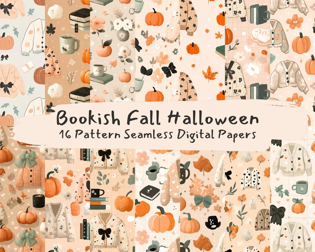 Bookish Fall Halloween Pattern Seamless Digital Papers - Printable ...
