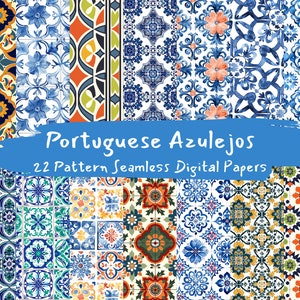Op de afbeelding: Een verzameling van 22 digitale papierpatronen met Portugese Azulejos-tegelontwerpen. De patronen zijn naadloos en bevatten een verscheidenheid aan kleuren, waaronder blauw, wit, geel, oranje en groen.