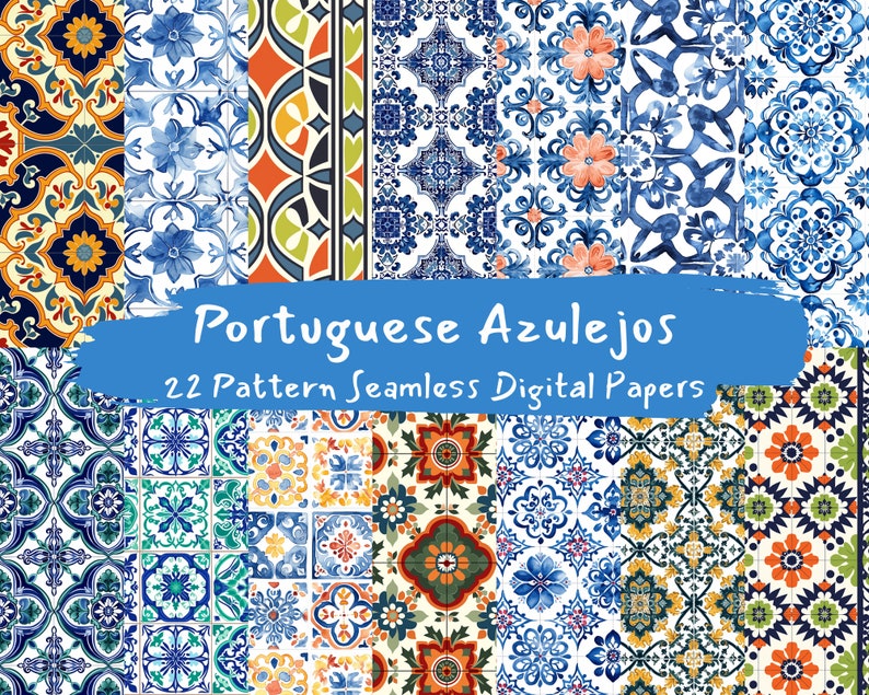 Portuguese Azulejos Pattern Seamless Digital Papers - printable scrapbook paper instant download for commercial use, 300dpi image 1