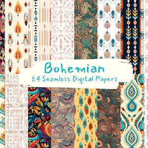 Puede incluir: Un conjunto de 24 papeles digitales con patrones bohemios en varios colores, incluyendo turquesa, naranja, amarillo y rojo. Los patrones incluyen formas geométricas, diseños florales y motivos paisley.