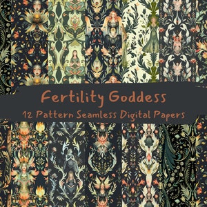 Puede incluir: Doce papeles digitales sin costuras con patrones florales y diosas sobre un fondo oscuro. El texto "Fertility Goddess" se muestra en una fuente estilizada, con el subtítulo "12 Pattern Seamless Digital Papers". La paleta de colores incluye tonos verdes, dorados y naranjas.