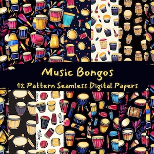 May include: Twelve seamless digital paper patterns featuring colourful watercolour illustrations of bongos, drumsticks, and musical notes on a black background. The text "Music Bongos" and "12 Pattern Seamless Digital Papers" is displayed on a black banner.