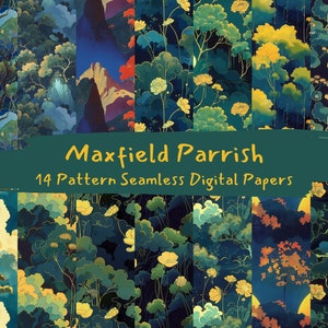 Può includere: Un set di 14 carte digitali con motivi senza cuciture in uno schema di colori blu, verde e oro. I motivi includono fiori, alberi e montagne stilizzati. Il testo "Maxfield Parrish 14 Pattern Seamless Digital Papers" è visualizzato su uno stendardo verde.